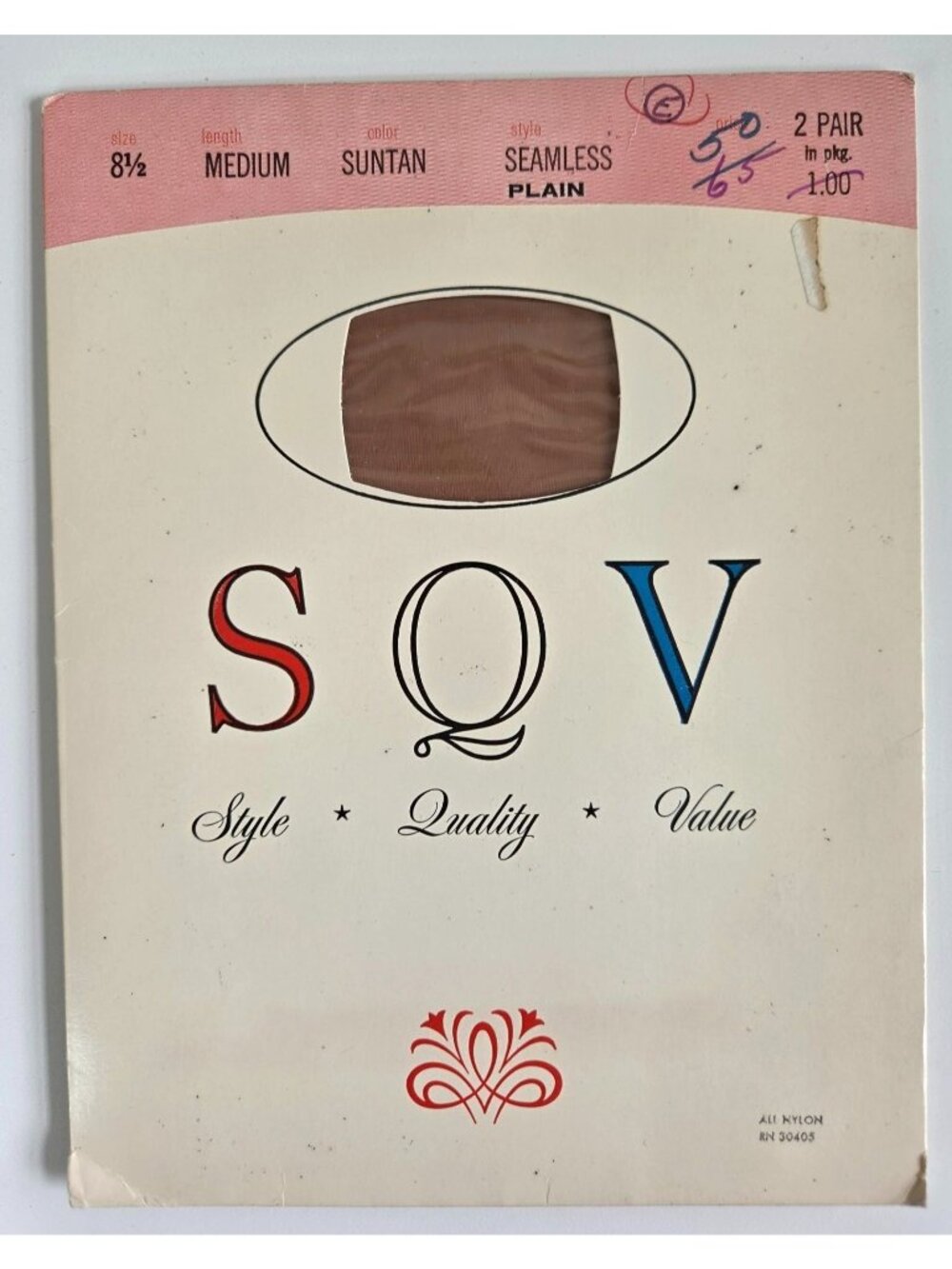 Vtg Nylon Stockings SQV Seamless Suntan Size 8.5 Medium 2 Pairs Retro Packaging
